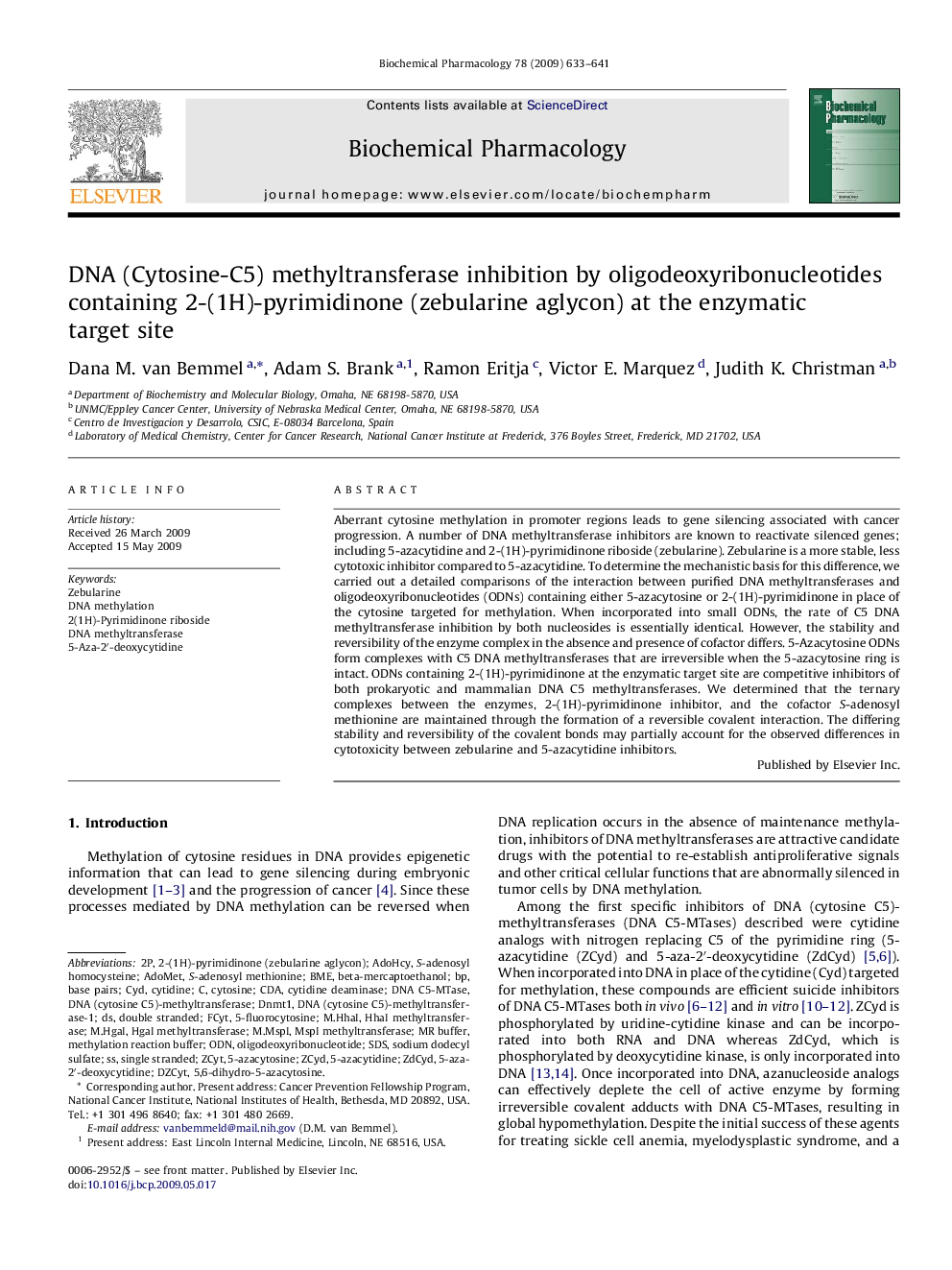 DNA (Cytosine-C5) methyltransferase inhibition by oligodeoxyribonucleotides containing 2-(1H)-pyrimidinone (zebularine aglycon) at the enzymatic target site