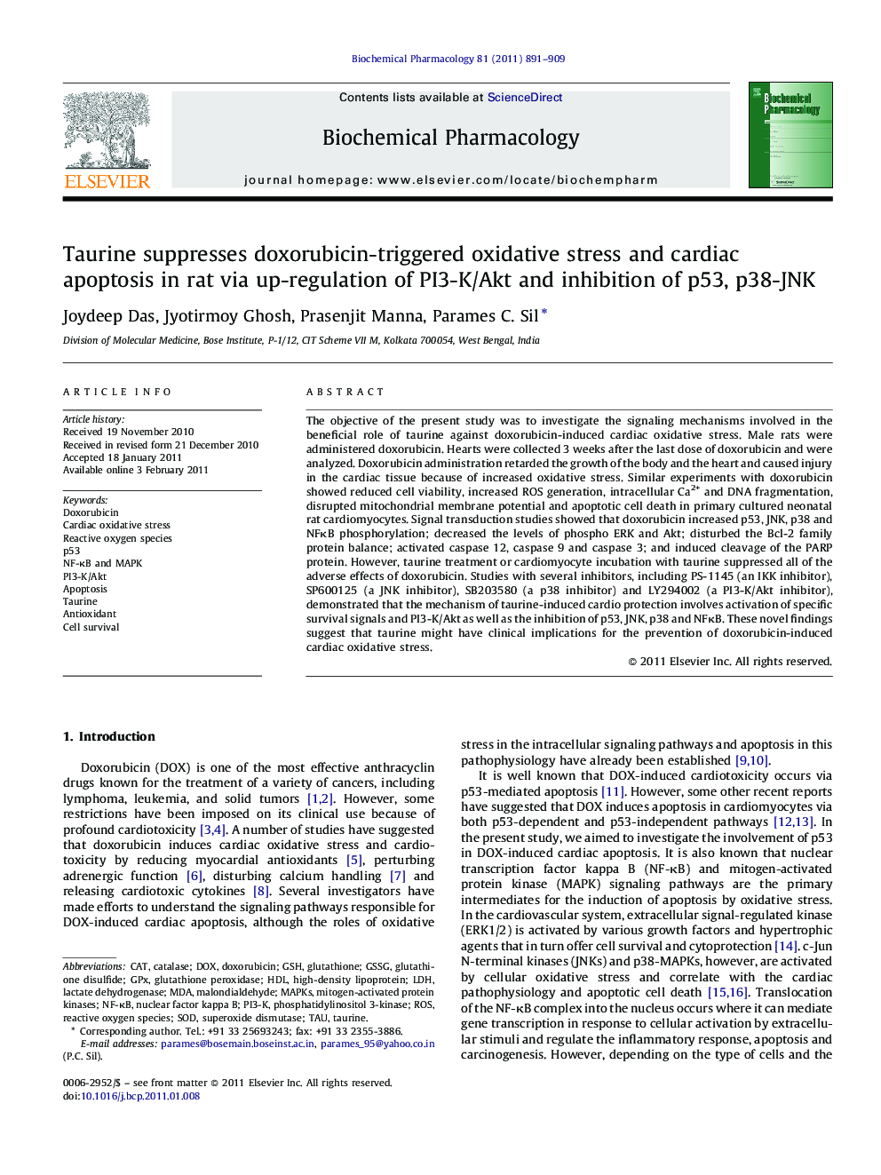 Taurine suppresses doxorubicin-triggered oxidative stress and cardiac apoptosis in rat via up-regulation of PI3-K/Akt and inhibition of p53, p38-JNK