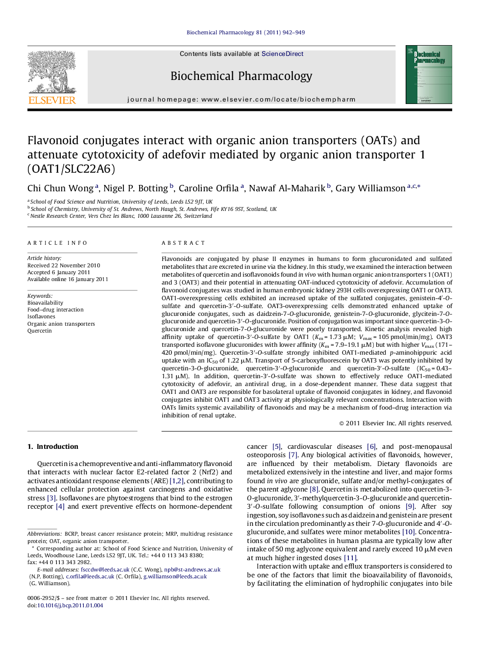 Flavonoid conjugates interact with organic anion transporters (OATs) and attenuate cytotoxicity of adefovir mediated by organic anion transporter 1 (OAT1/SLC22A6)