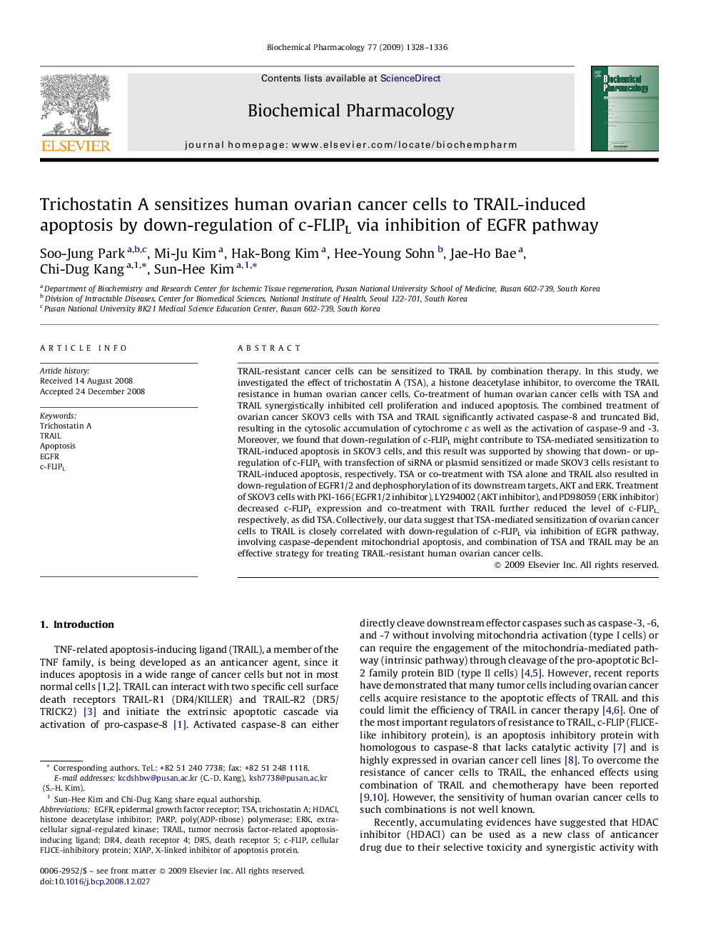 Trichostatin A sensitizes human ovarian cancer cells to TRAIL-induced apoptosis by down-regulation of c-FLIPL via inhibition of EGFR pathway