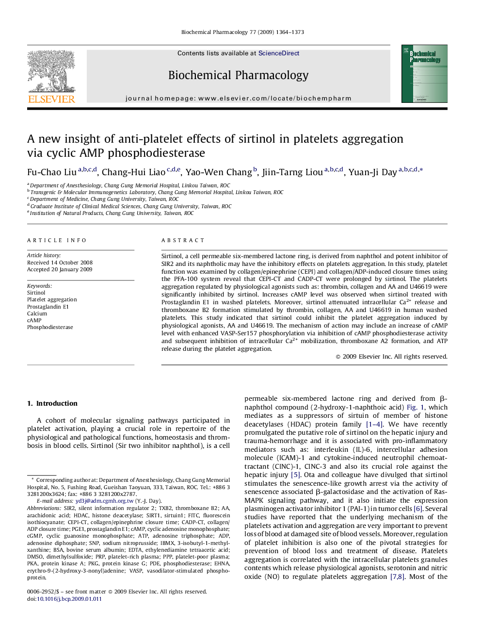 A new insight of anti-platelet effects of sirtinol in platelets aggregation via cyclic AMP phosphodiesterase