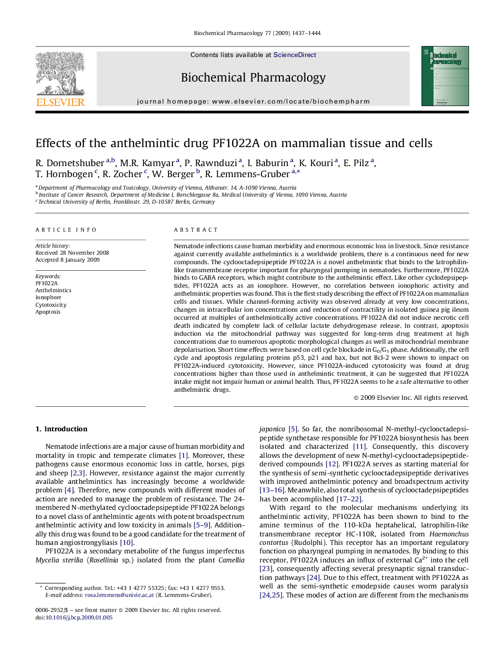 Effects of the anthelmintic drug PF1022A on mammalian tissue and cells