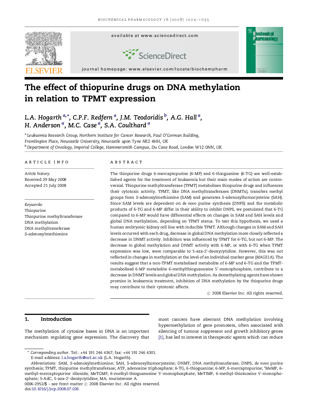 The effect of thiopurine drugs on DNA methylation in relation to TPMT expression