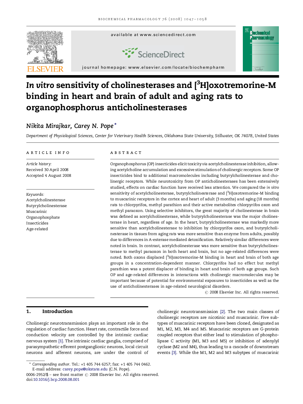 In vitro sensitivity of cholinesterases and [3H]oxotremorine-M binding in heart and brain of adult and aging rats to organophosphorus anticholinesterases