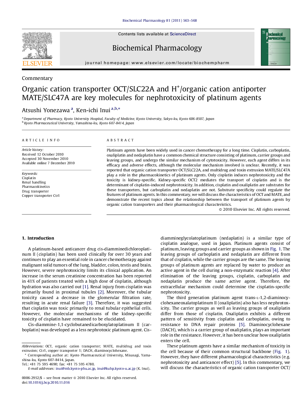 Organic cation transporter OCT/SLC22A and H+/organic cation antiporter MATE/SLC47A are key molecules for nephrotoxicity of platinum agents