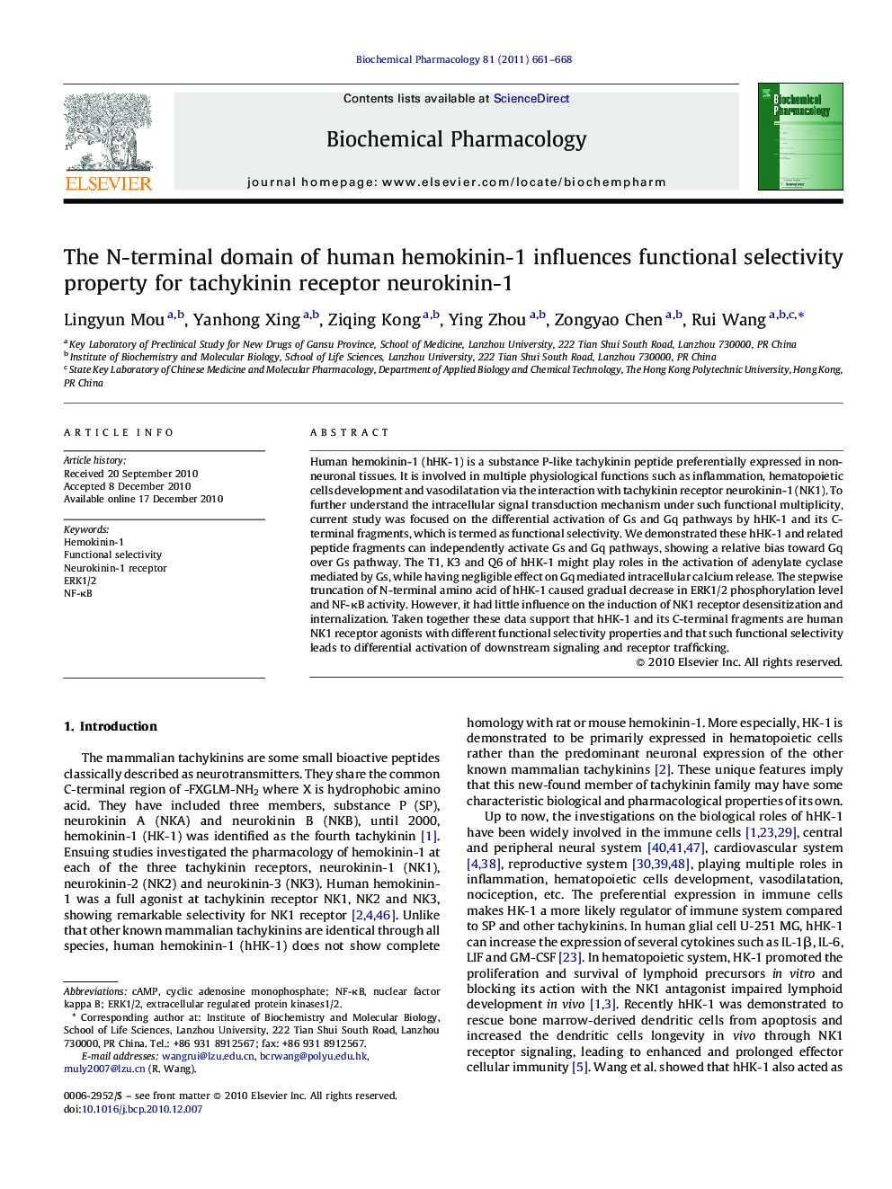 The N-terminal domain of human hemokinin-1 influences functional selectivity property for tachykinin receptor neurokinin-1