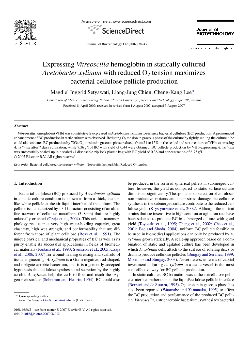 Expressing Vitreoscilla hemoglobin in statically cultured Acetobacter xylinum with reduced O2 tension maximizes bacterial cellulose pellicle production