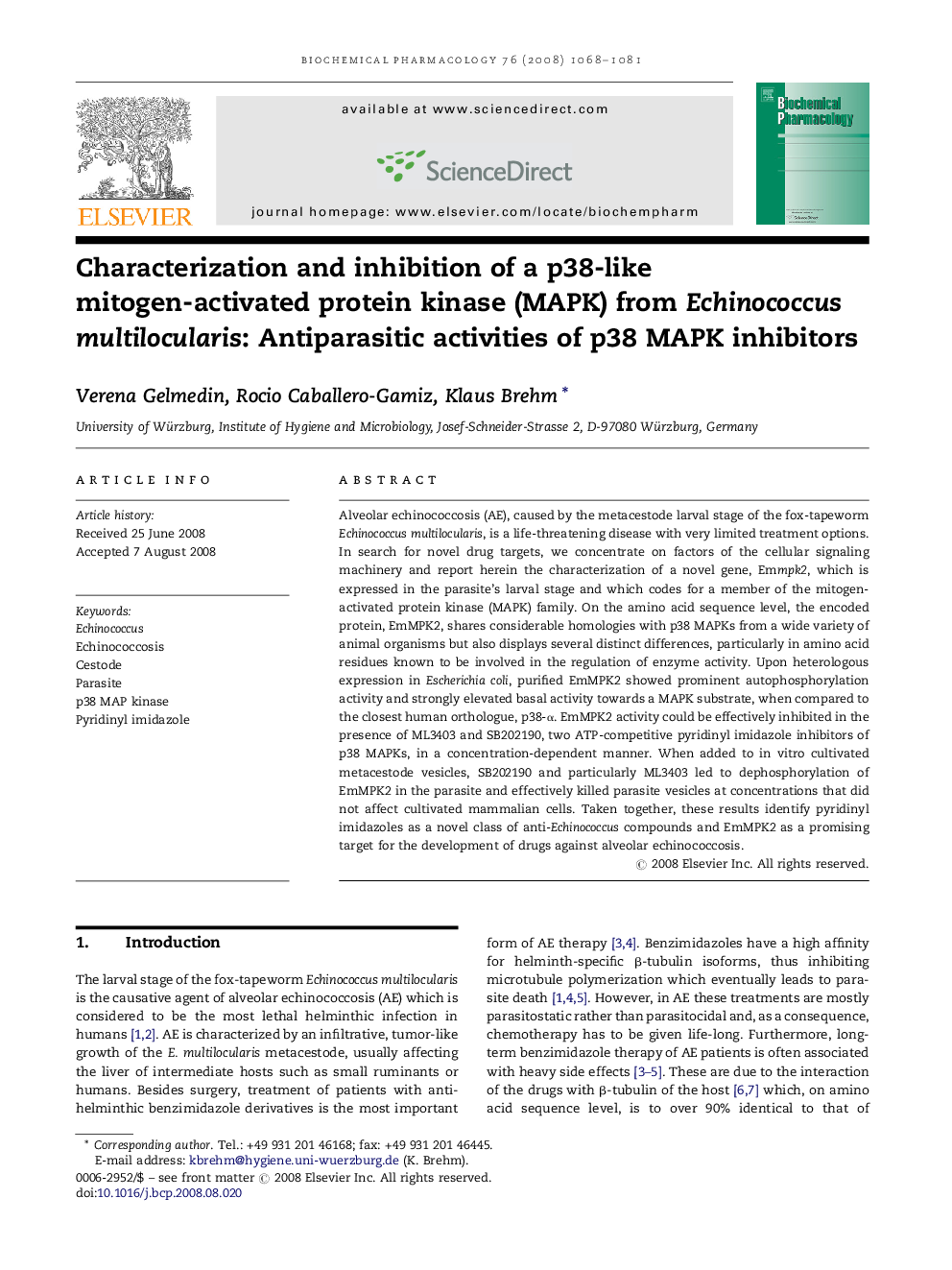 Characterization and inhibition of a p38-like mitogen-activated protein kinase (MAPK) from Echinococcus multilocularis: Antiparasitic activities of p38 MAPK inhibitors