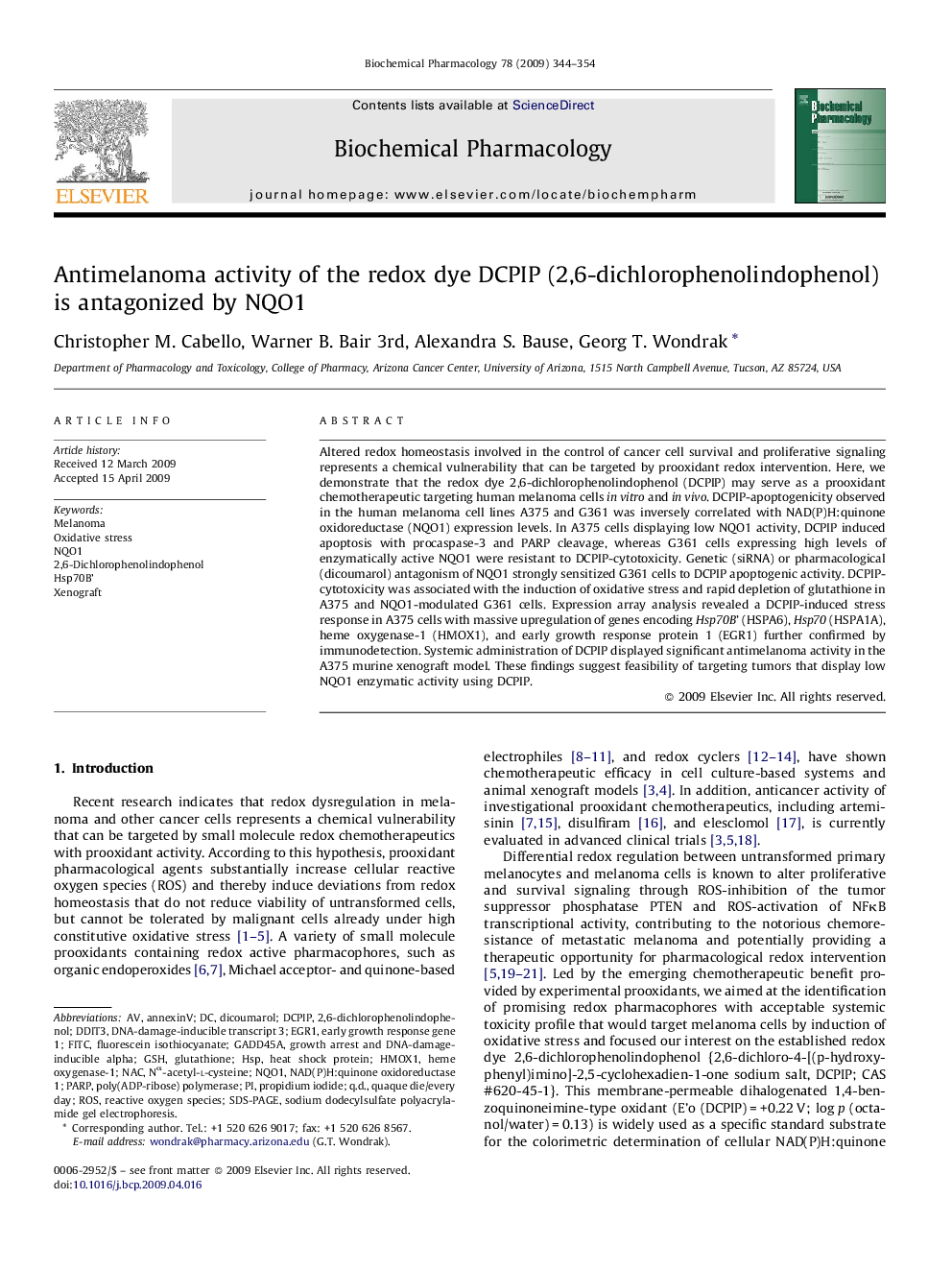 Antimelanoma activity of the redox dye DCPIP (2,6-dichlorophenolindophenol) is antagonized by NQO1