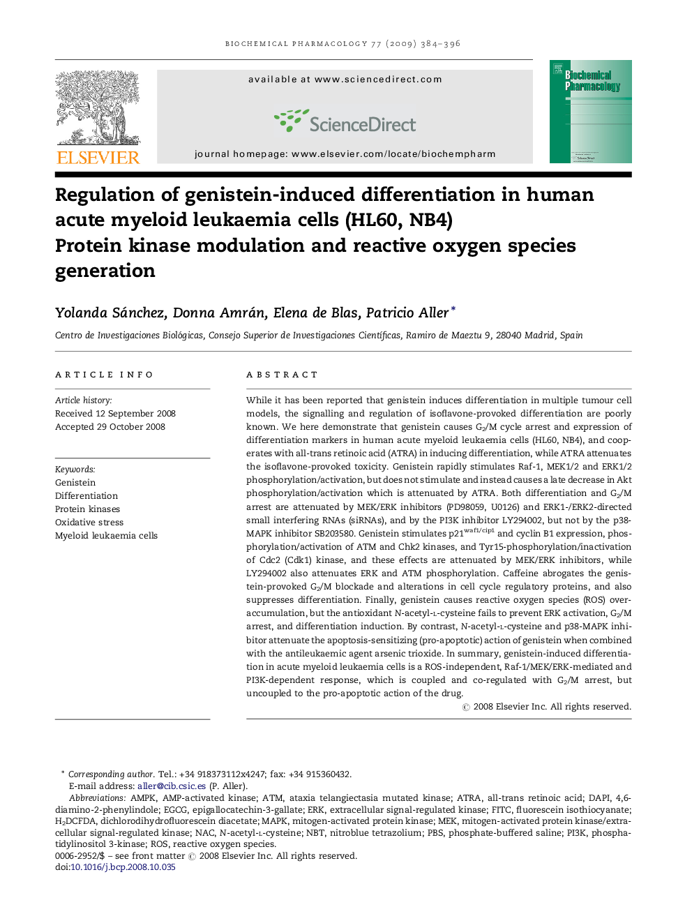 Regulation of genistein-induced differentiation in human acute myeloid leukaemia cells (HL60, NB4): Protein kinase modulation and reactive oxygen species generation