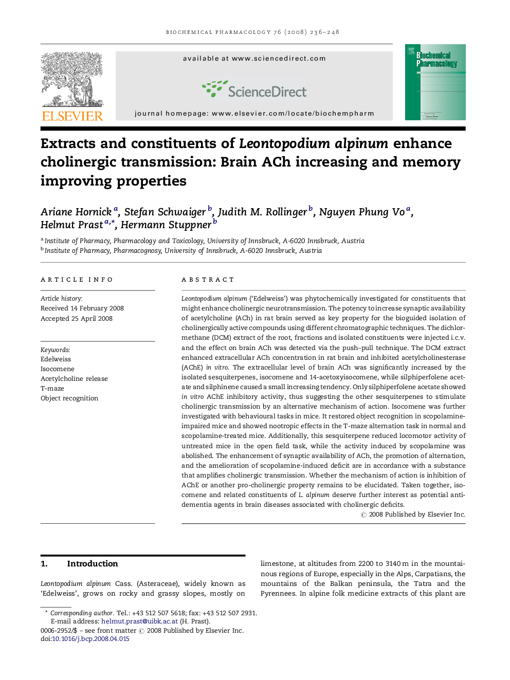 Extracts and constituents of Leontopodium alpinum enhance cholinergic transmission: Brain ACh increasing and memory improving properties