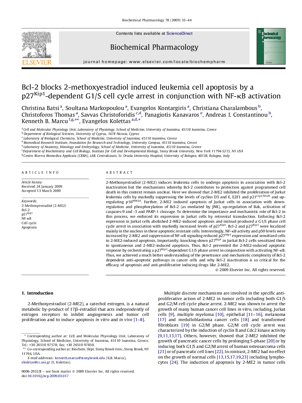 Bcl-2 blocks 2-methoxyestradiol induced leukemia cell apoptosis by a p27Kip1-dependent G1/S cell cycle arrest in conjunction with NF-κB activation