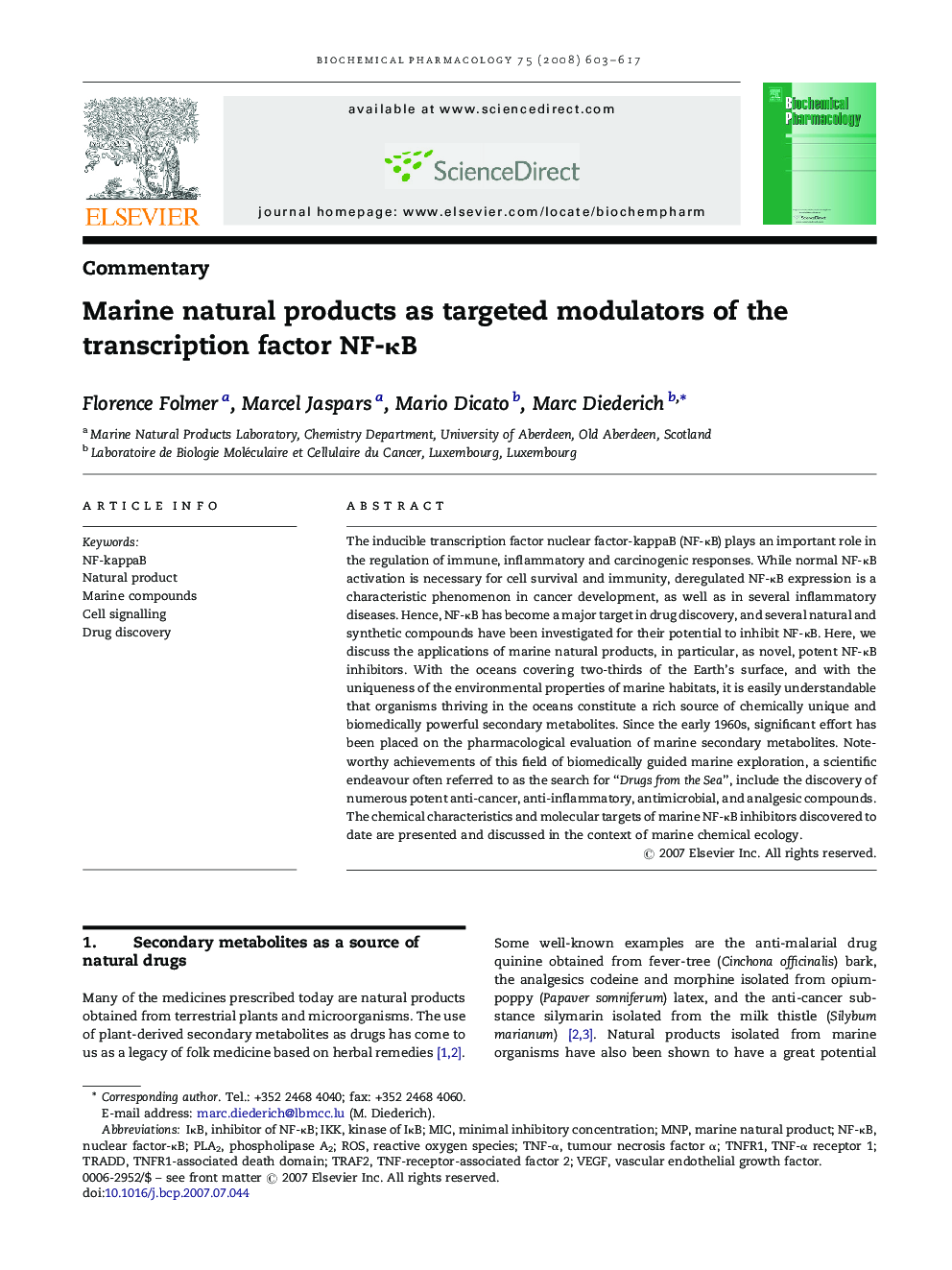 Marine natural products as targeted modulators of the transcription factor NF-κB