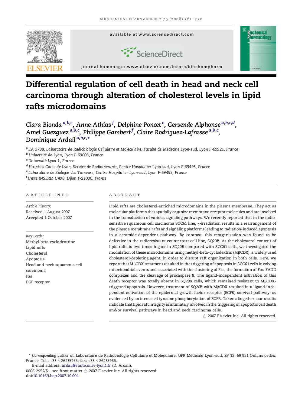 Differential regulation of cell death in head and neck cell carcinoma through alteration of cholesterol levels in lipid rafts microdomains