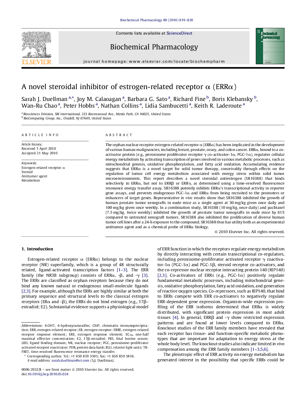 A novel steroidal inhibitor of estrogen-related receptor α (ERRα)