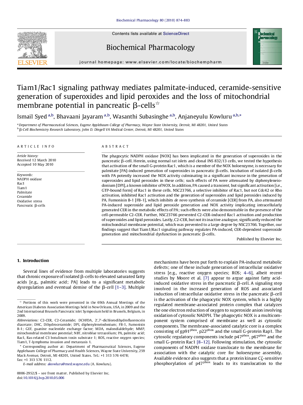 Tiam1/Rac1 signaling pathway mediates palmitate-induced, ceramide-sensitive generation of superoxides and lipid peroxides and the loss of mitochondrial membrane potential in pancreatic β-cells 