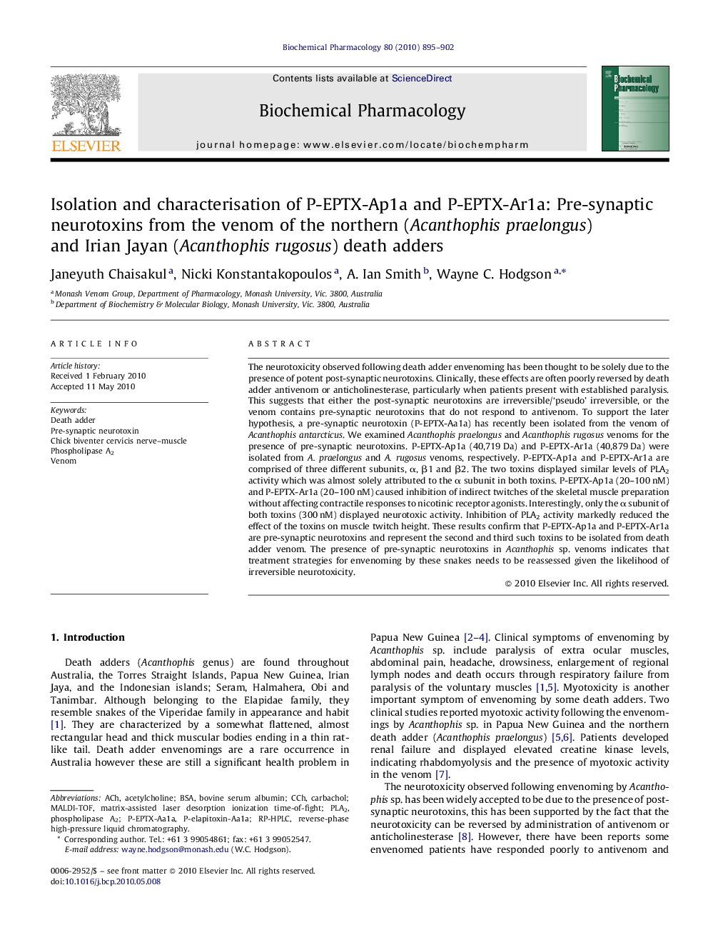 Isolation and characterisation of P-EPTX-Ap1a and P-EPTX-Ar1a: Pre-synaptic neurotoxins from the venom of the northern (Acanthophis praelongus) and Irian Jayan (Acanthophis rugosus) death adders