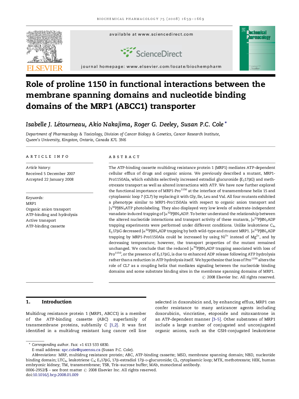 Role of proline 1150 in functional interactions between the membrane spanning domains and nucleotide binding domains of the MRP1 (ABCC1) transporter