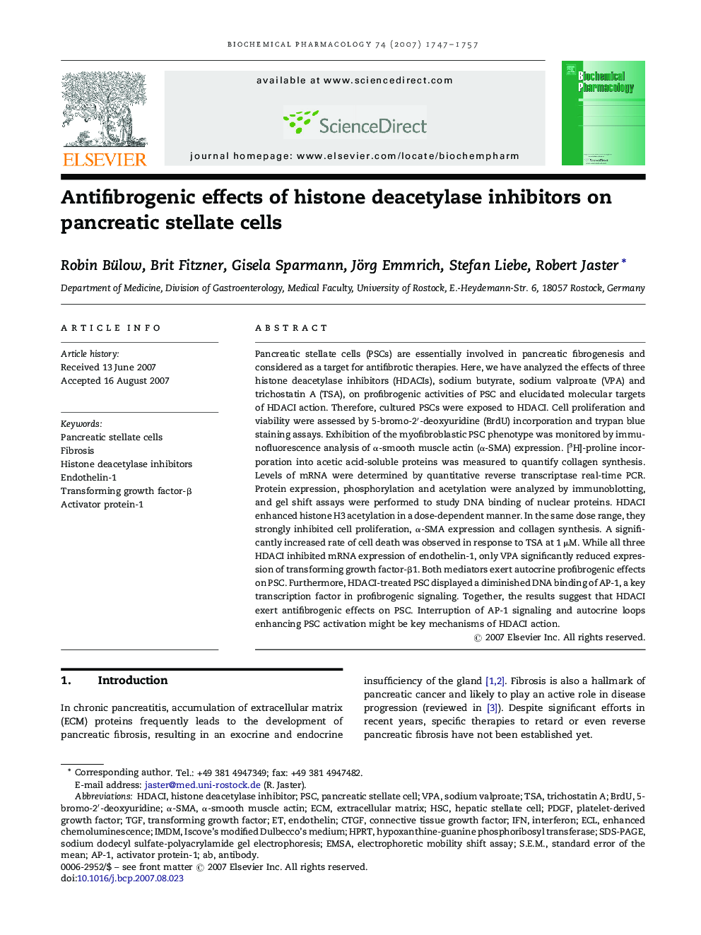 Antifibrogenic effects of histone deacetylase inhibitors on pancreatic stellate cells