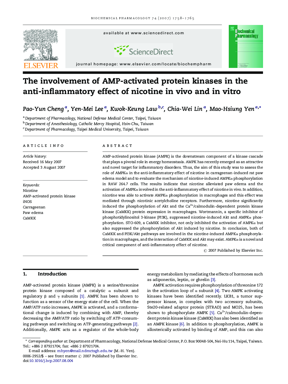 The involvement of AMP-activated protein kinases in the anti-inflammatory effect of nicotine in vivo and in vitro