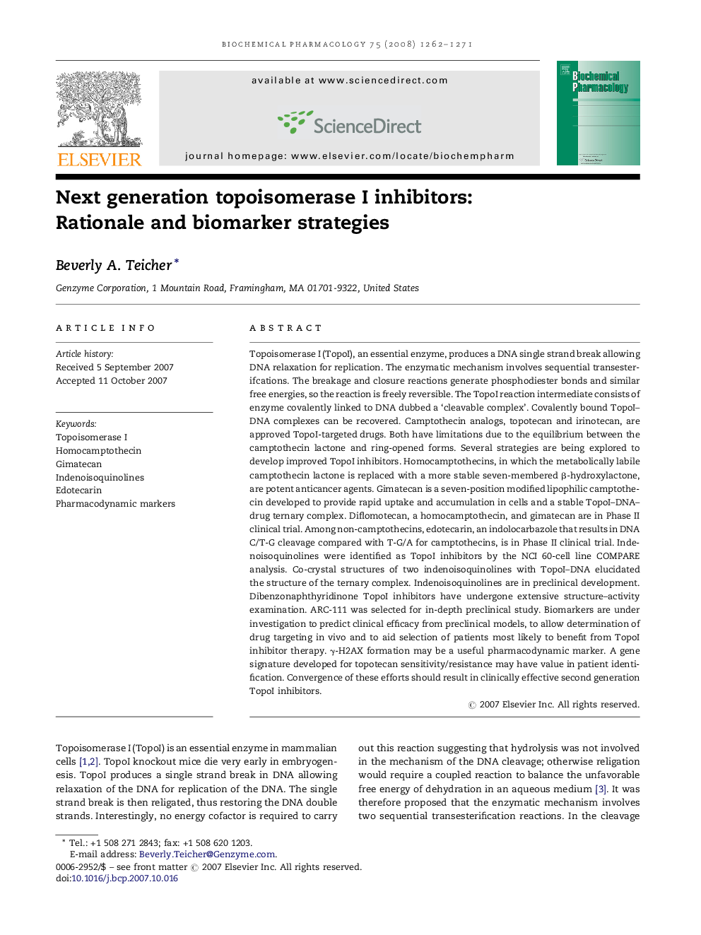 Next generation topoisomerase I inhibitors: Rationale and biomarker strategies