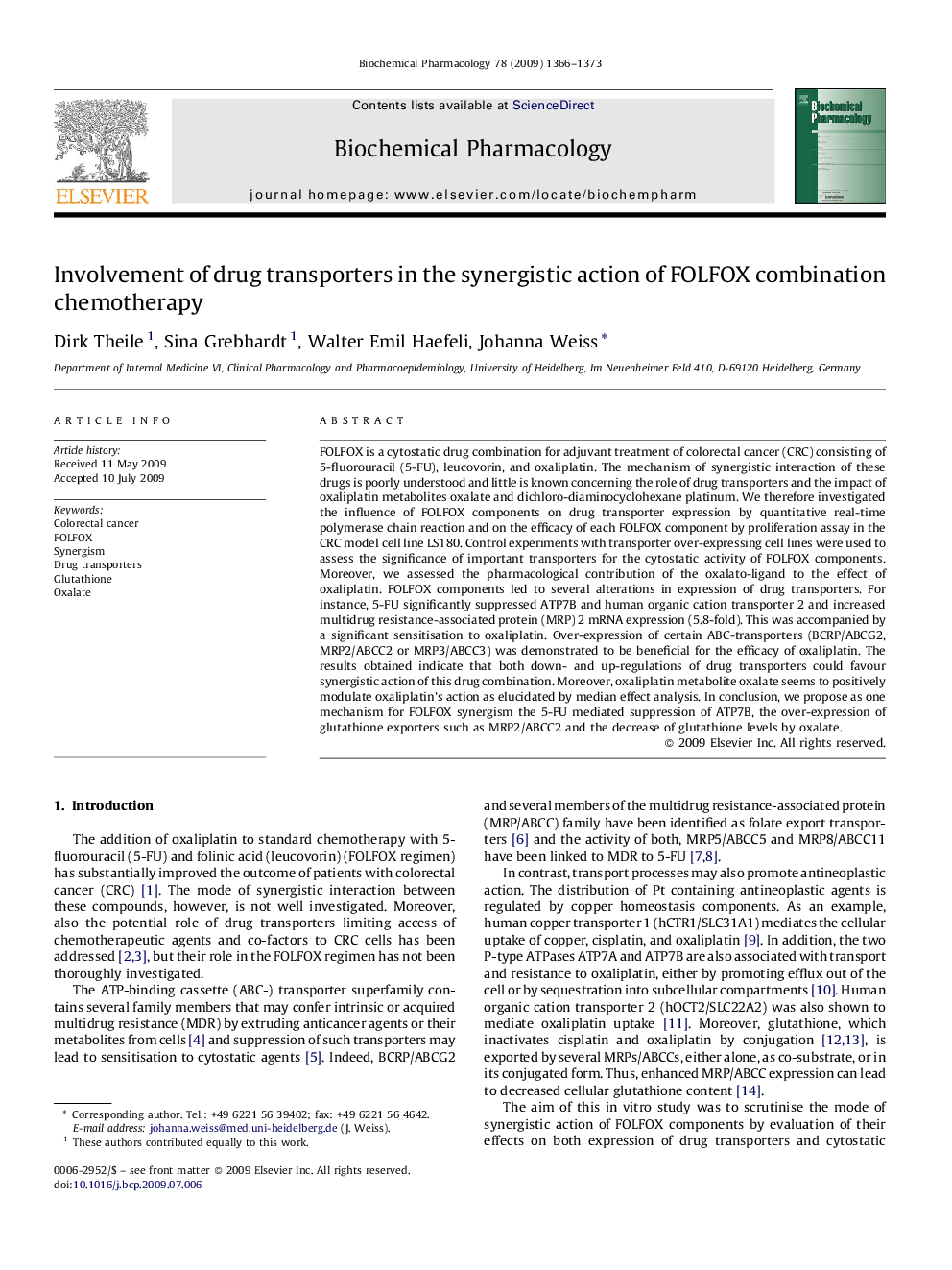 Involvement of drug transporters in the synergistic action of FOLFOX combination chemotherapy