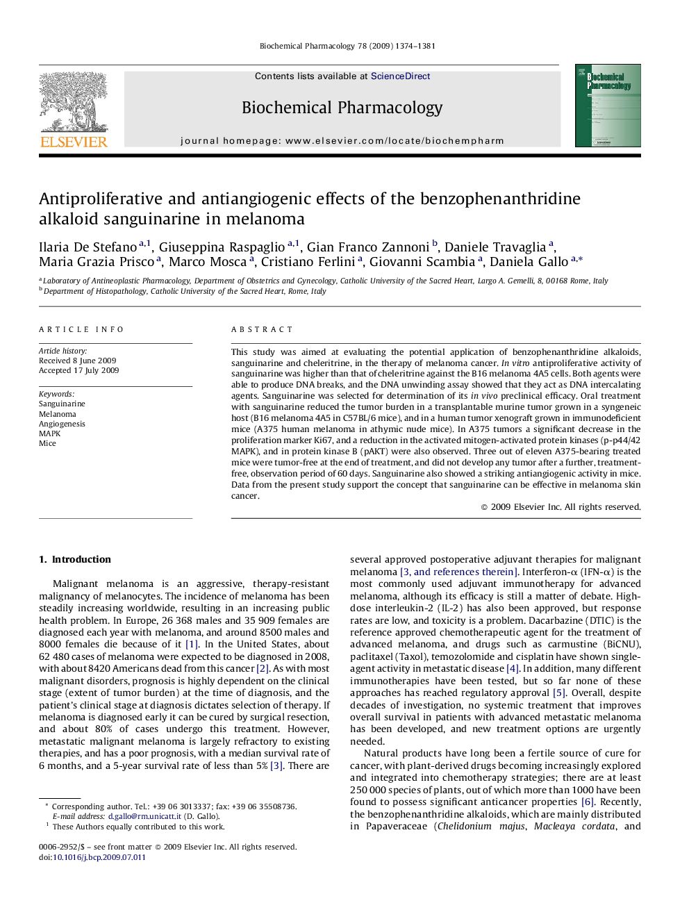 Antiproliferative and antiangiogenic effects of the benzophenanthridine alkaloid sanguinarine in melanoma