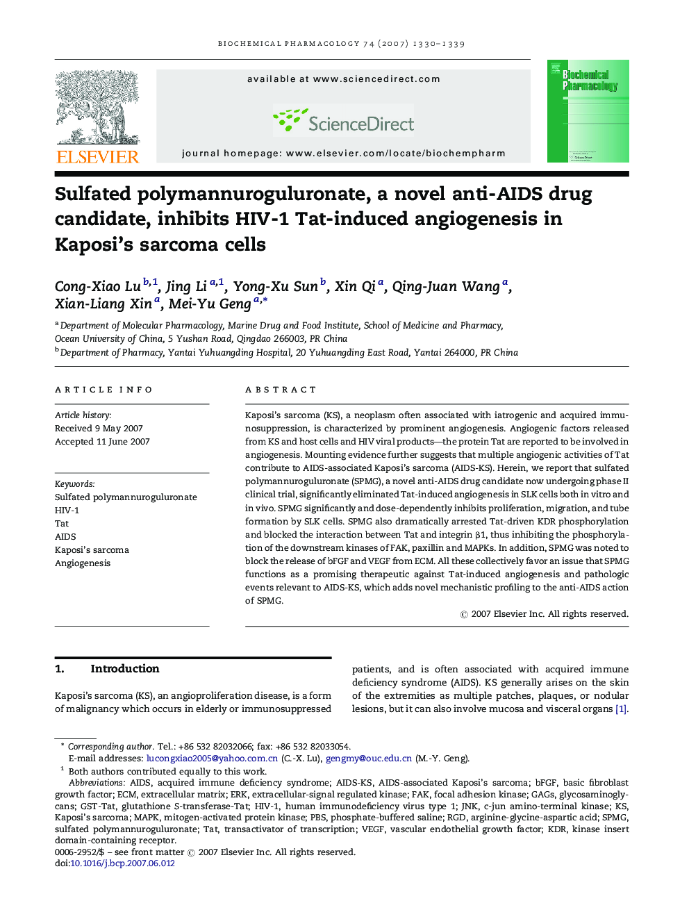 Sulfated polymannuroguluronate, a novel anti-AIDS drug candidate, inhibits HIV-1 Tat-induced angiogenesis in Kaposi's sarcoma cells