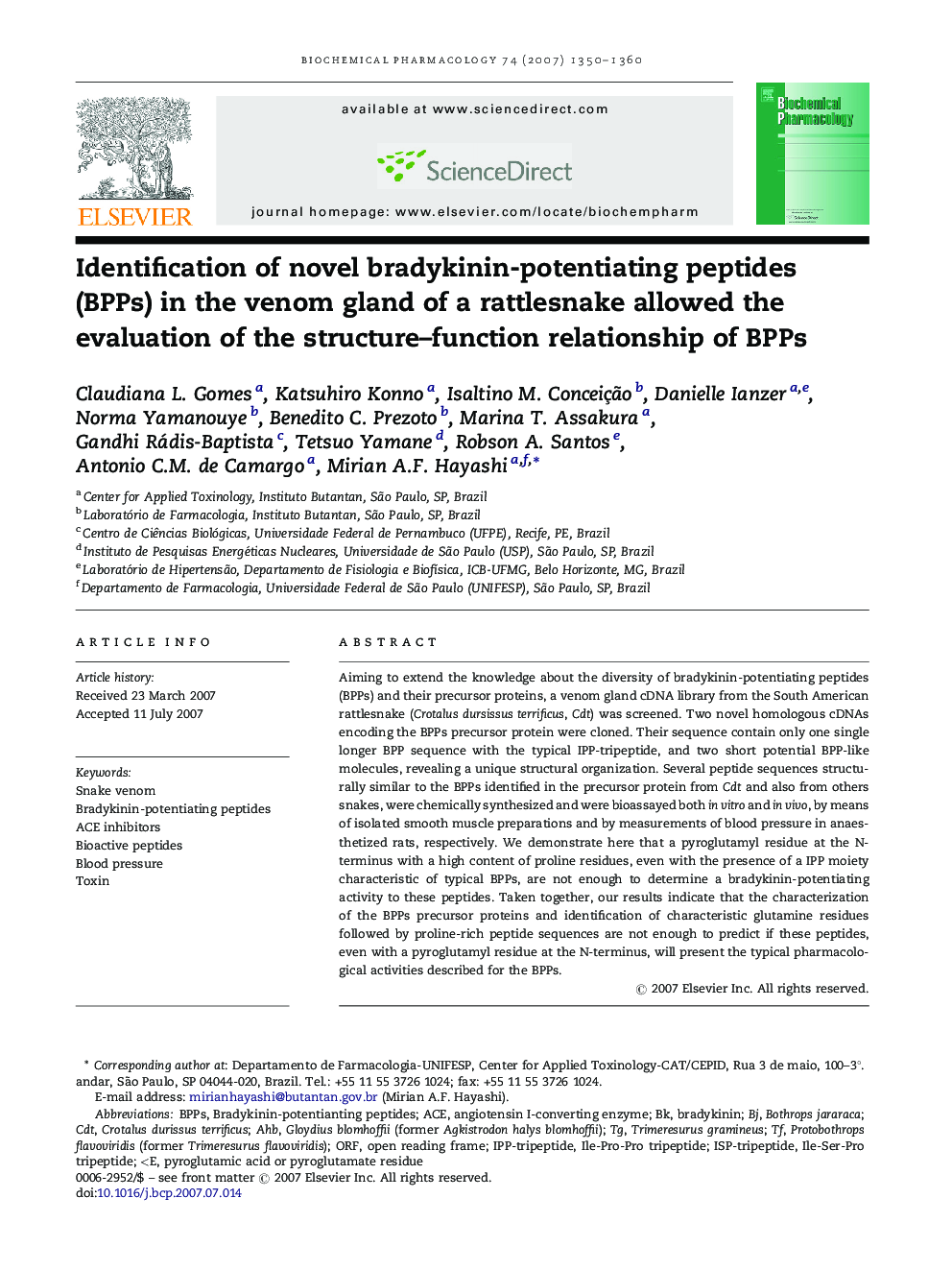 Identification of novel bradykinin-potentiating peptides (BPPs) in the venom gland of a rattlesnake allowed the evaluation of the structure–function relationship of BPPs