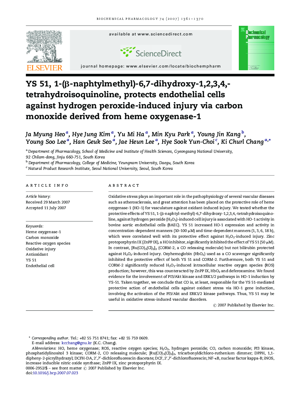 YS 51, 1-(β-naphtylmethyl)-6,7-dihydroxy-1,2,3,4,-tetrahydroisoquinoline, protects endothelial cells against hydrogen peroxide-induced injury via carbon monoxide derived from heme oxygenase-1