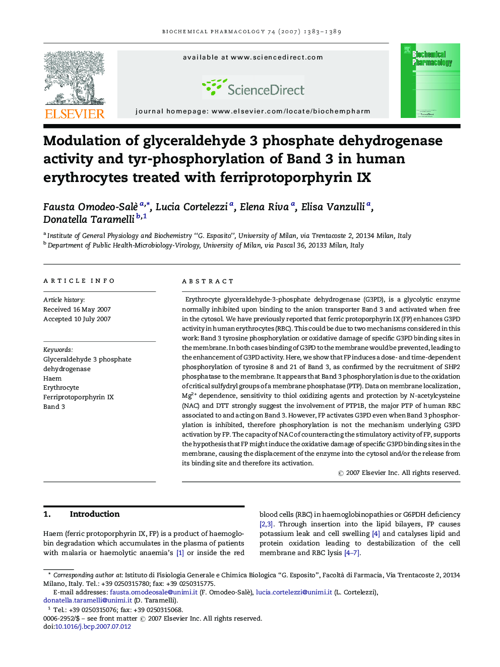 Modulation of glyceraldehyde 3 phosphate dehydrogenase activity and tyr-phosphorylation of Band 3 in human erythrocytes treated with ferriprotoporphyrin IX
