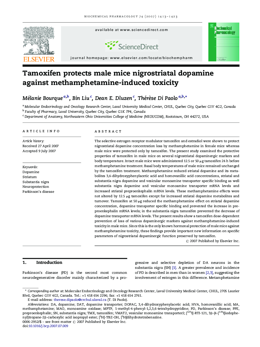 Tamoxifen protects male mice nigrostriatal dopamine against methamphetamine-induced toxicity