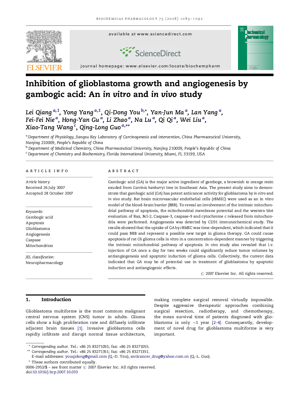 Inhibition of glioblastoma growth and angiogenesis by gambogic acid: An in vitro and in vivo study