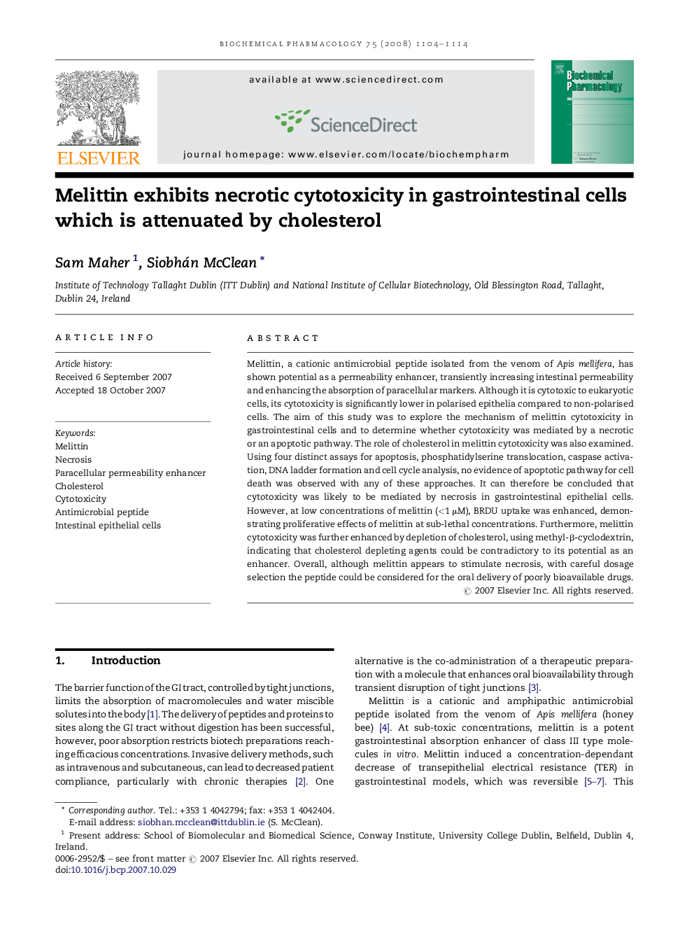 Melittin exhibits necrotic cytotoxicity in gastrointestinal cells which is attenuated by cholesterol