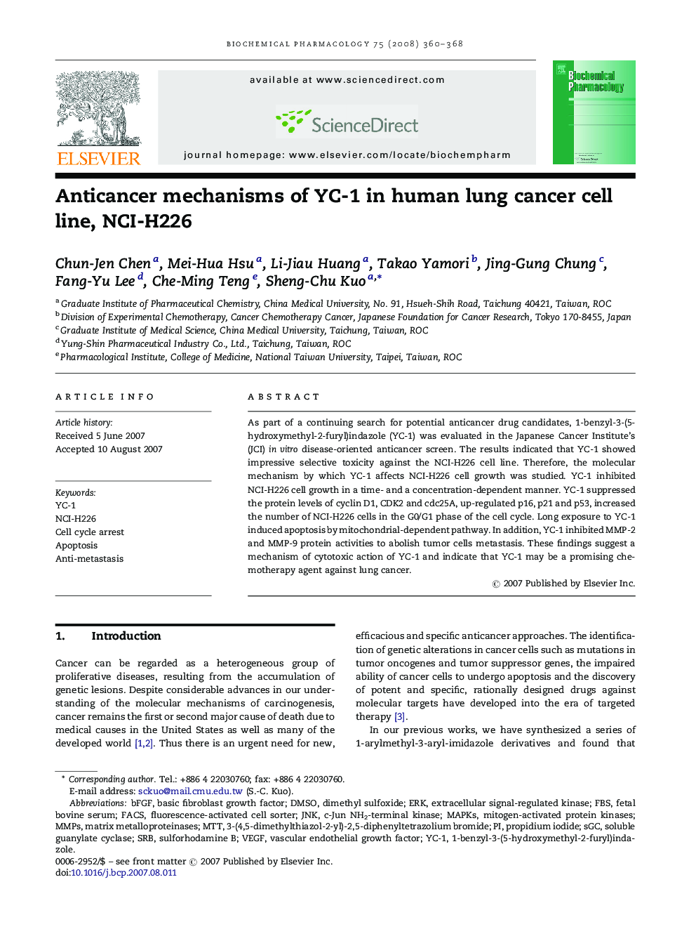 Anticancer mechanisms of YC-1 in human lung cancer cell line, NCI-H226