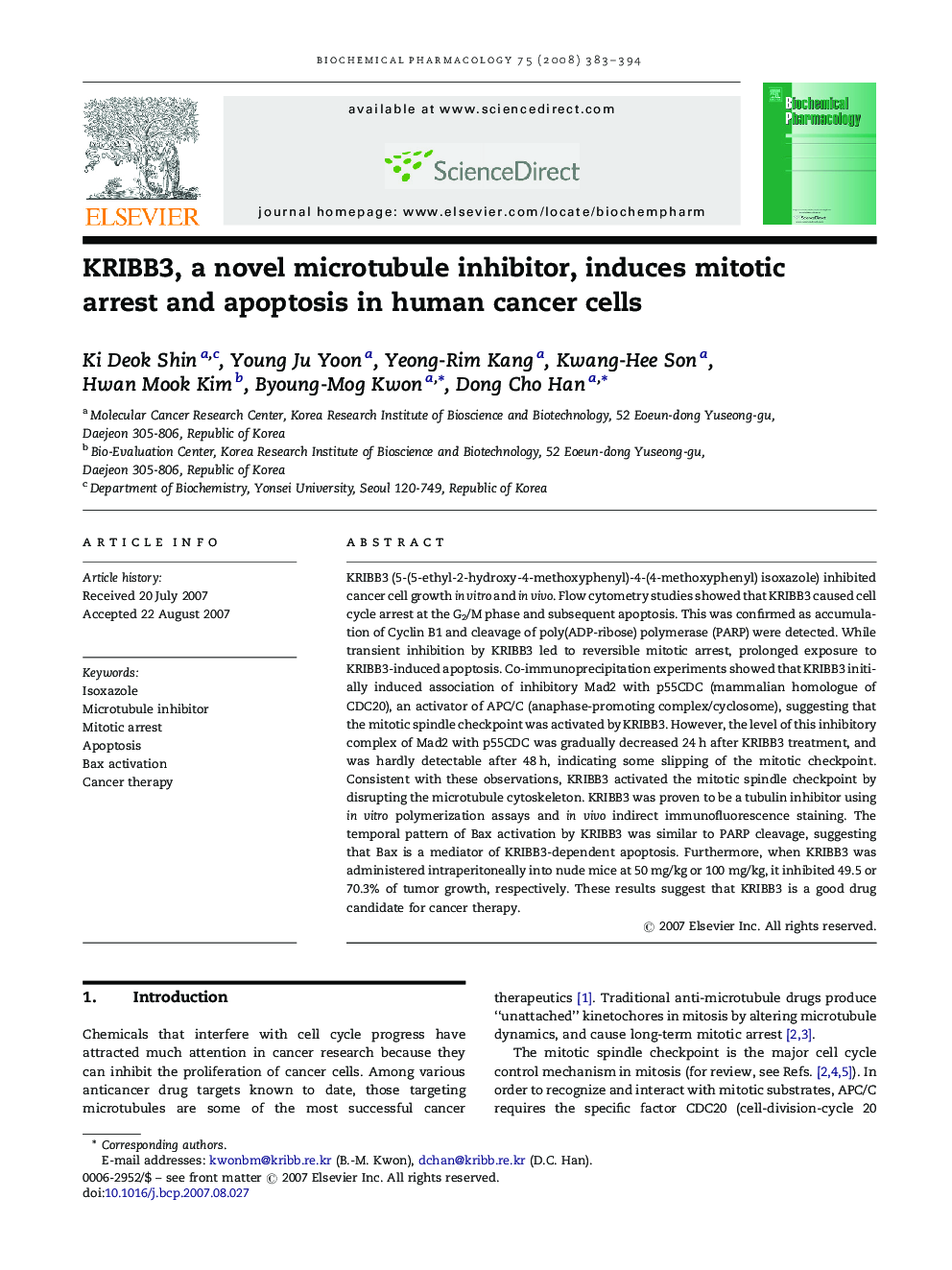 KRIBB3, a novel microtubule inhibitor, induces mitotic arrest and apoptosis in human cancer cells