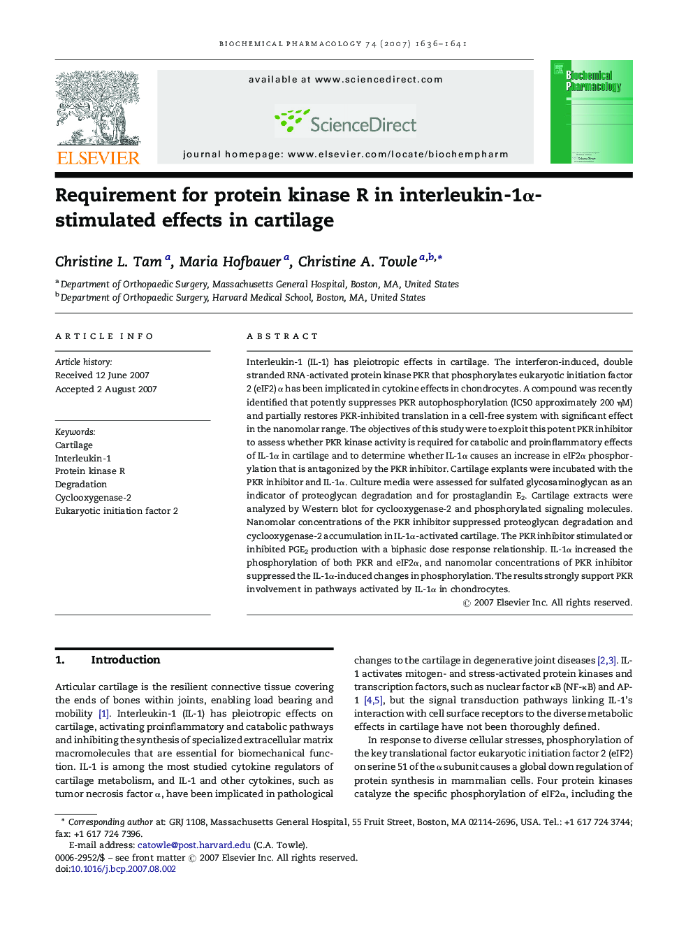 Requirement for protein kinase R in interleukin-1α-stimulated effects in cartilage