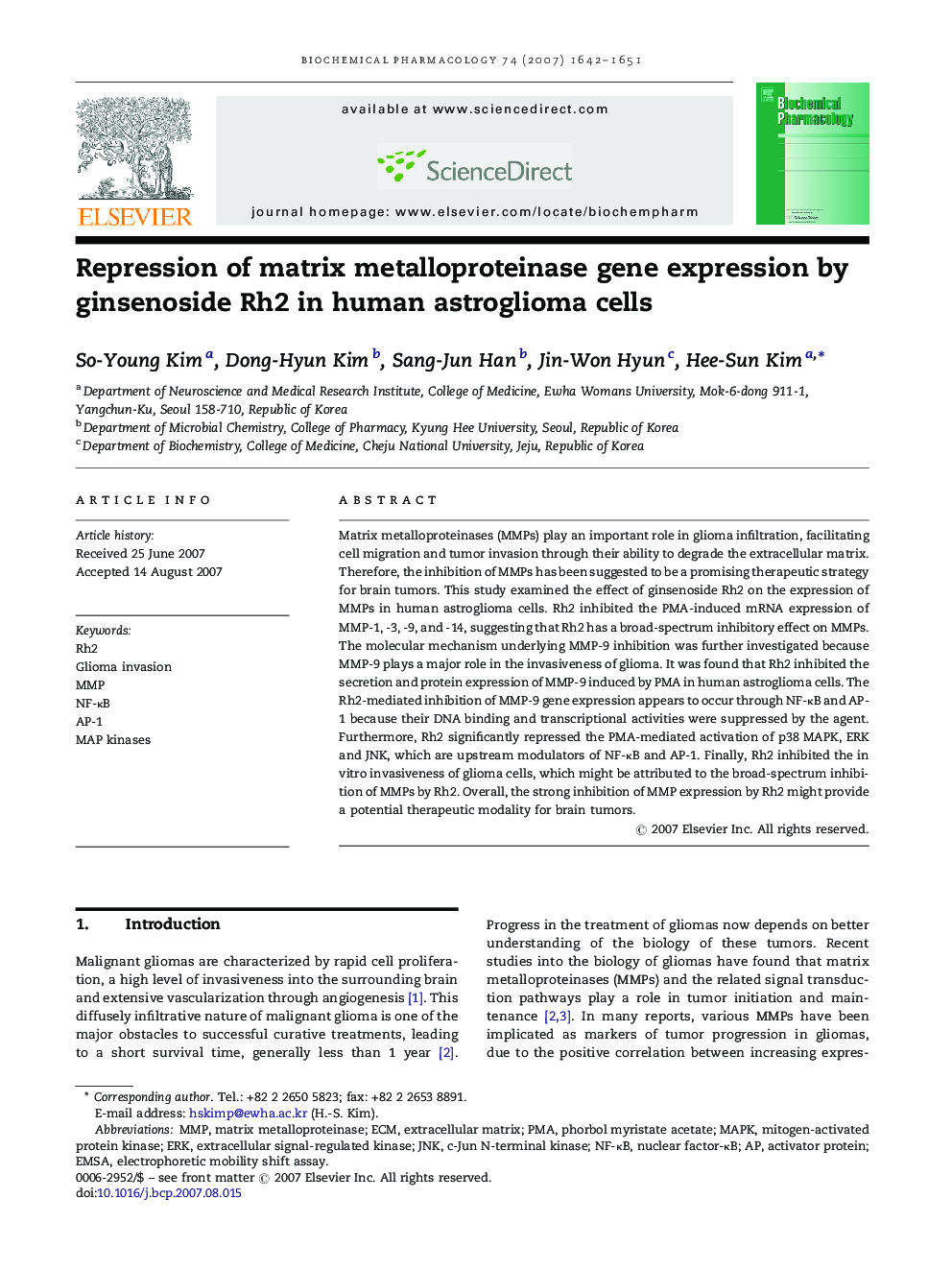 Repression of matrix metalloproteinase gene expression by ginsenoside Rh2 in human astroglioma cells