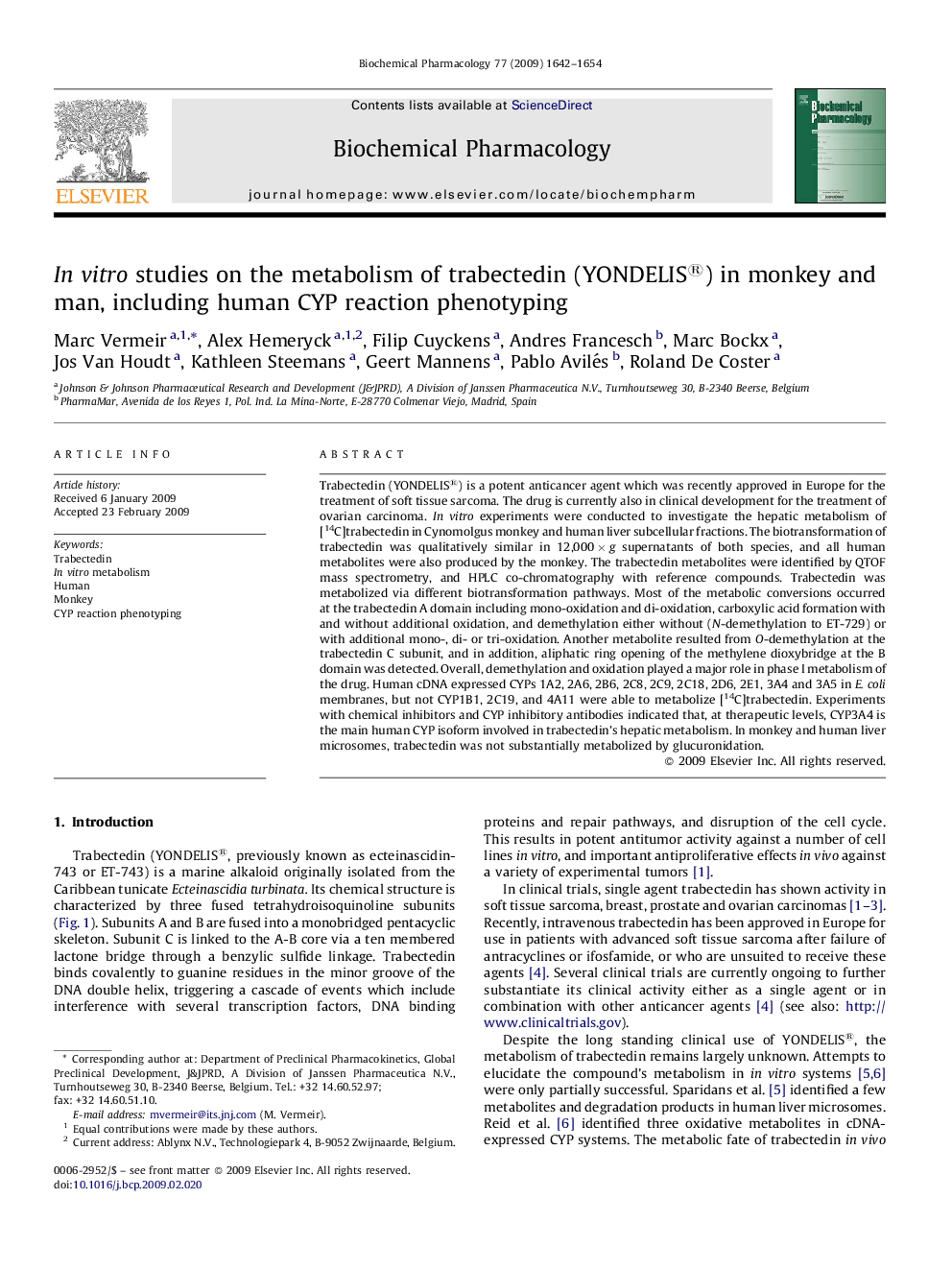 In vitro studies on the metabolism of trabectedin (YONDELIS®) in monkey and man, including human CYP reaction phenotyping