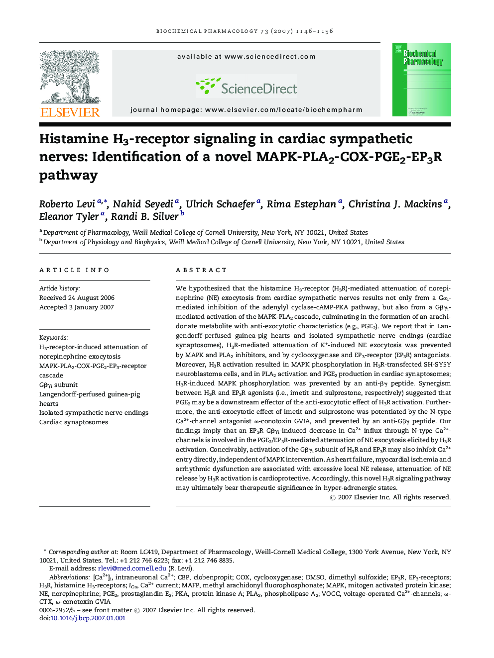 Histamine H3-receptor signaling in cardiac sympathetic nerves: Identification of a novel MAPK-PLA2-COX-PGE2-EP3R pathway