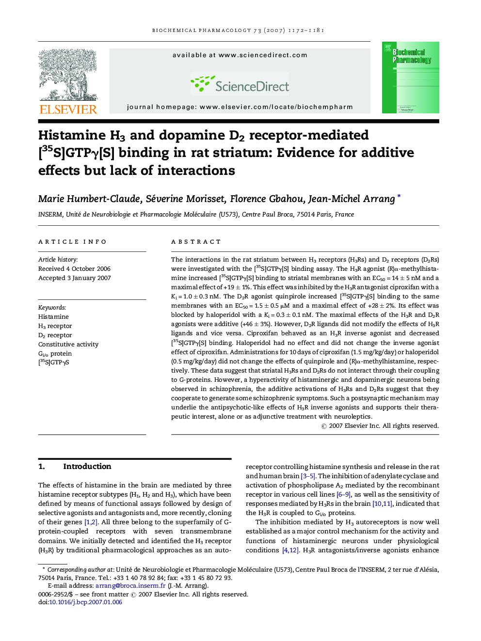 Histamine H3 and dopamine D2 receptor-mediated [35S]GTPγ[S] binding in rat striatum: Evidence for additive effects but lack of interactions