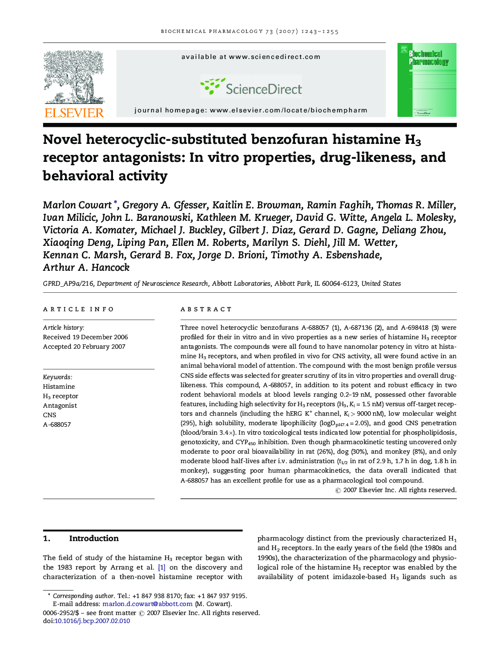 Novel heterocyclic-substituted benzofuran histamine H3 receptor antagonists: In vitro properties, drug-likeness, and behavioral activity