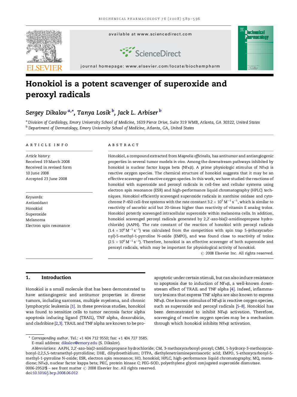 Honokiol is a potent scavenger of superoxide and peroxyl radicals