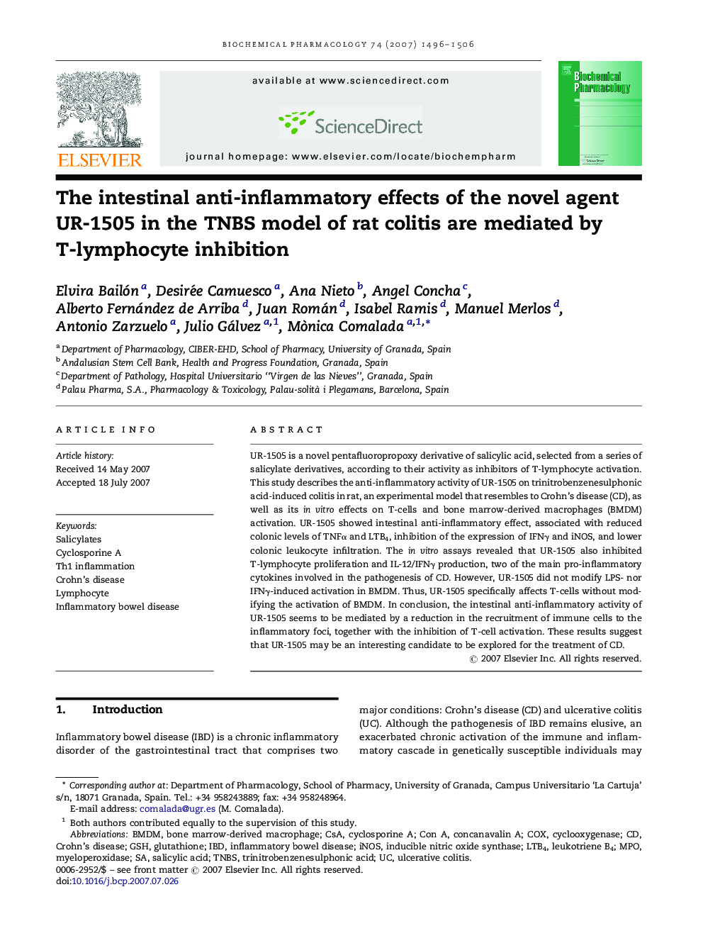 The intestinal anti-inflammatory effects of the novel agent UR-1505 in the TNBS model of rat colitis are mediated by T-lymphocyte inhibition