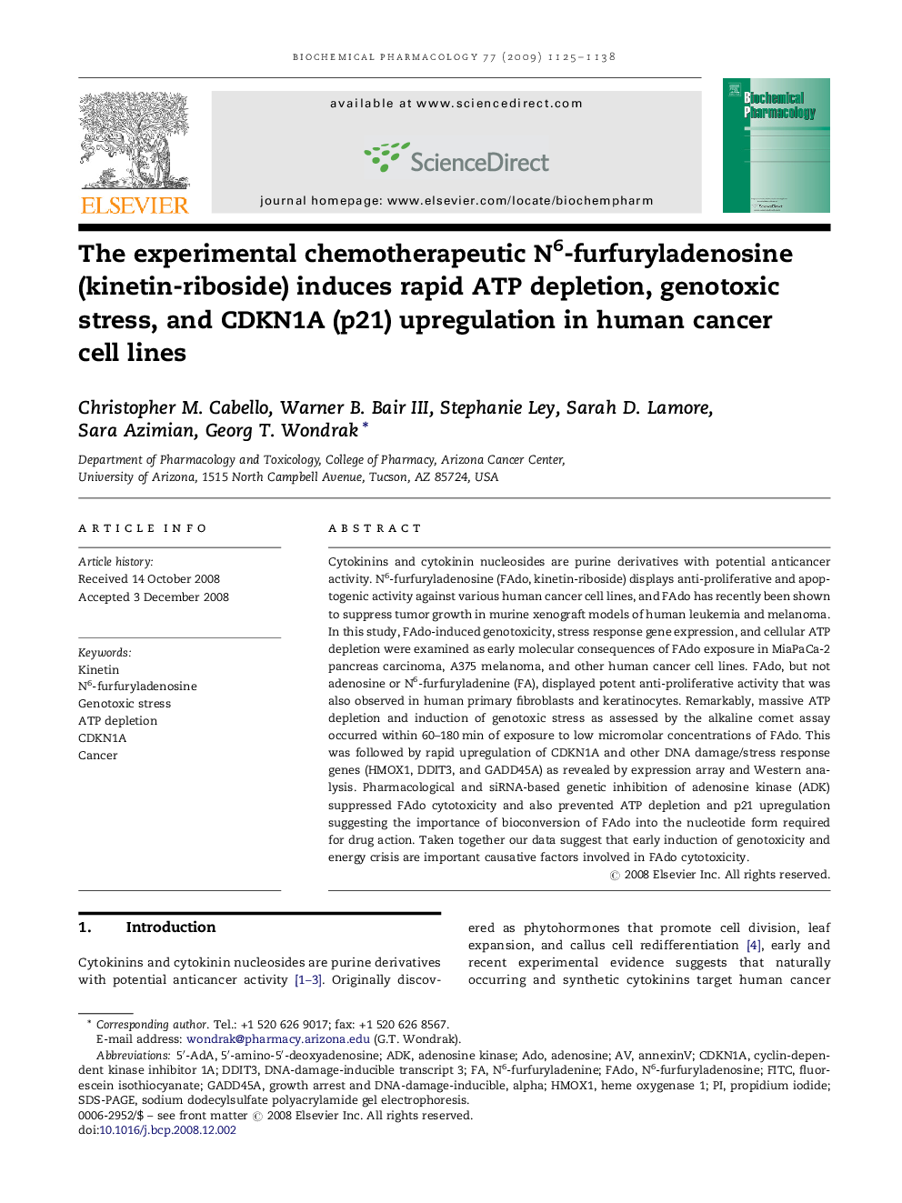 The experimental chemotherapeutic N6-furfuryladenosine (kinetin-riboside) induces rapid ATP depletion, genotoxic stress, and CDKN1A (p21) upregulation in human cancer cell lines