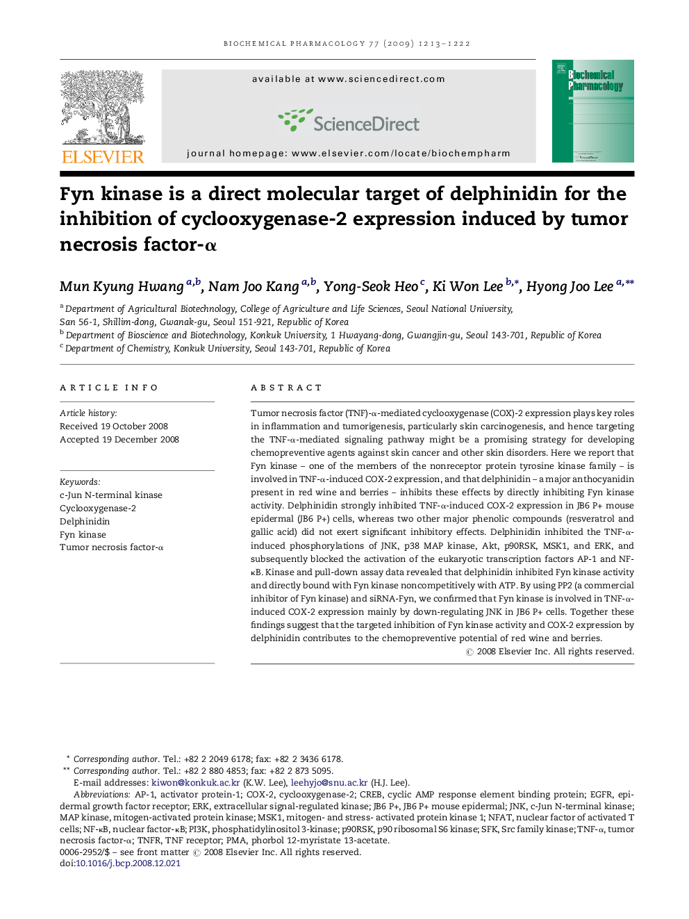 Fyn kinase is a direct molecular target of delphinidin for the inhibition of cyclooxygenase-2 expression induced by tumor necrosis factor-α