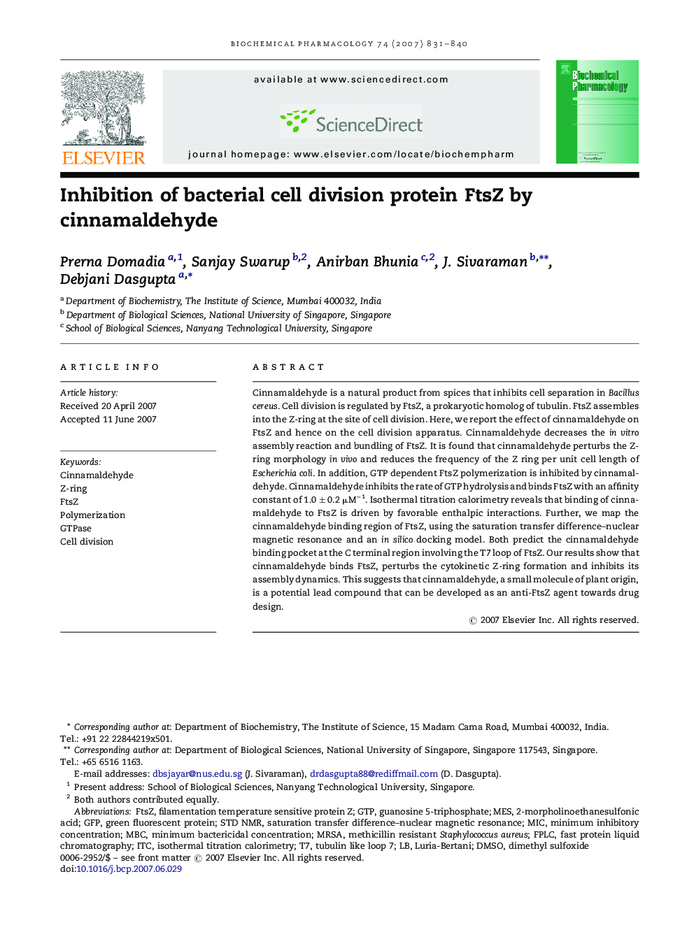 Inhibition of bacterial cell division protein FtsZ by cinnamaldehyde