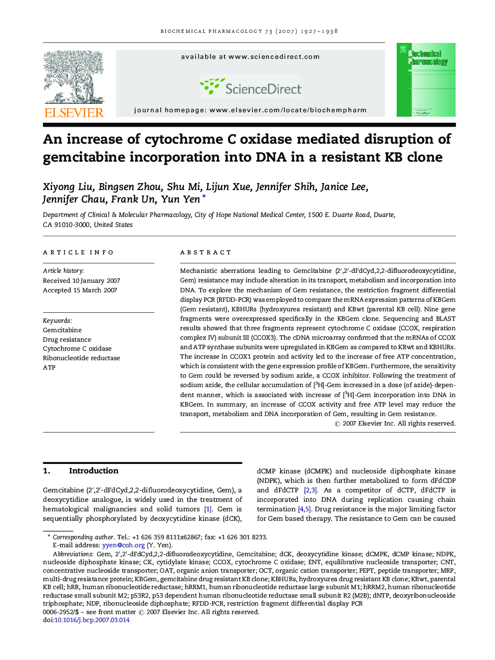 An increase of cytochrome C oxidase mediated disruption of gemcitabine incorporation into DNA in a resistant KB clone