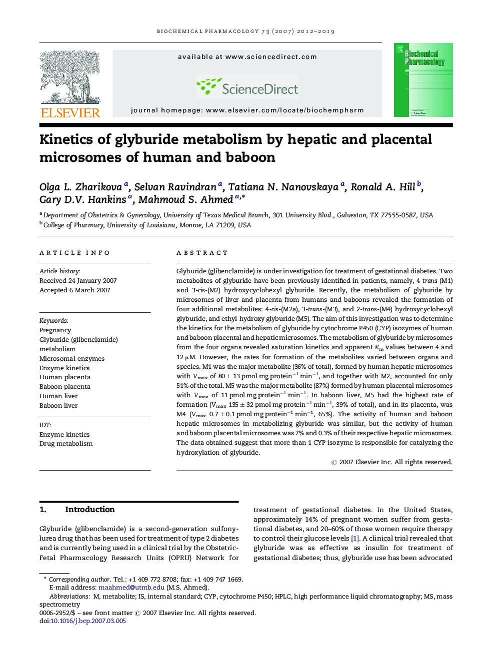 Kinetics of glyburide metabolism by hepatic and placental microsomes of human and baboon