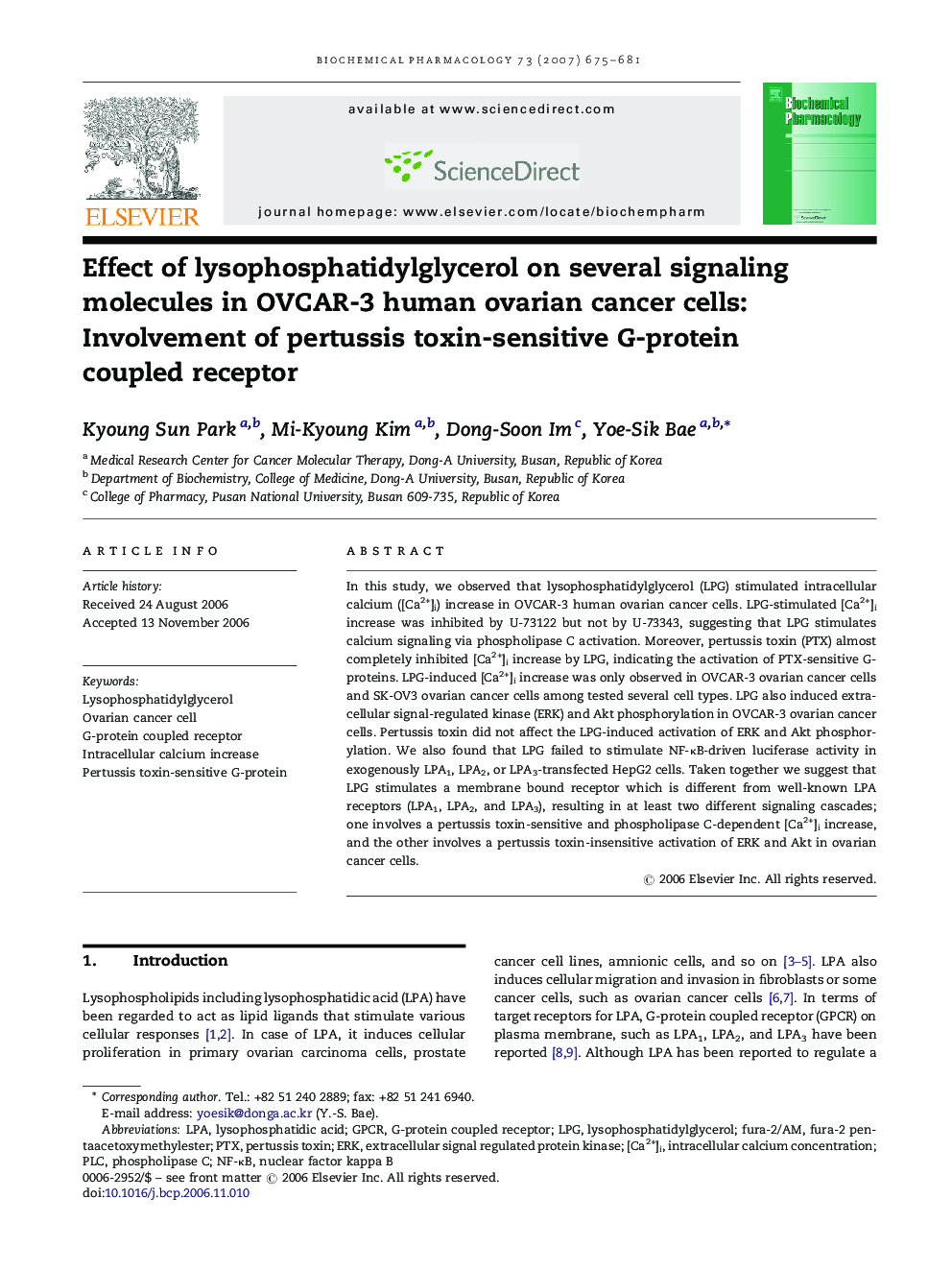 Effect of lysophosphatidylglycerol on several signaling molecules in OVCAR-3 human ovarian cancer cells: Involvement of pertussis toxin-sensitive G-protein coupled receptor